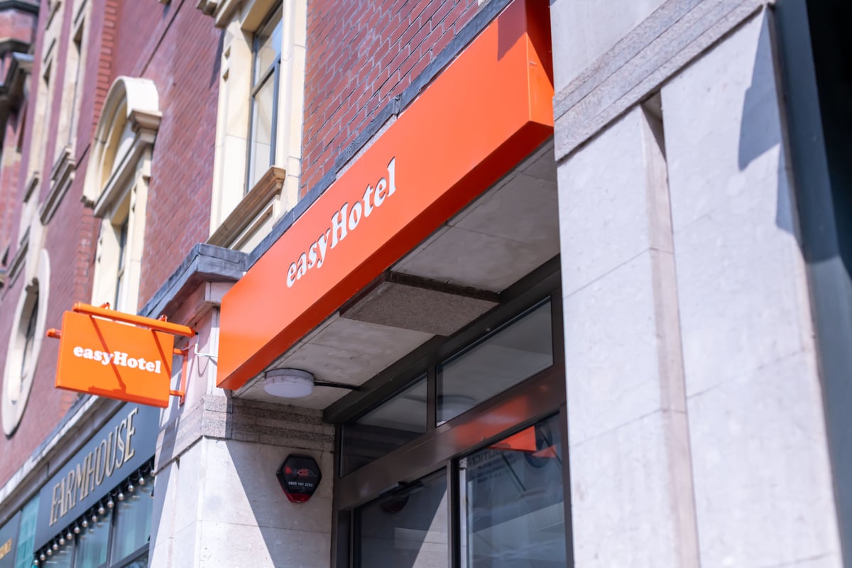 easyHotel Leeds City Centre exterior, showing the orange signage above the entrance.