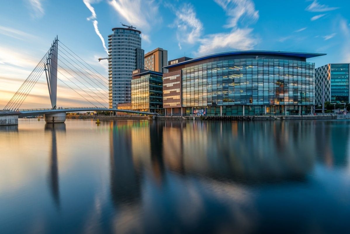 MediaCityUK at sunset, featuring the Lowry Bridge, modern glass buildings, and their reflections on the tranquil waters of Salford Quays in Manchester.